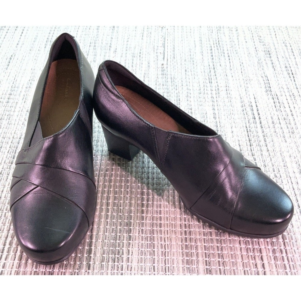 Clarks Womens Rosalyn Adele Loafer Size 8.5 XWIDE Black Leather Block Heel Shoe